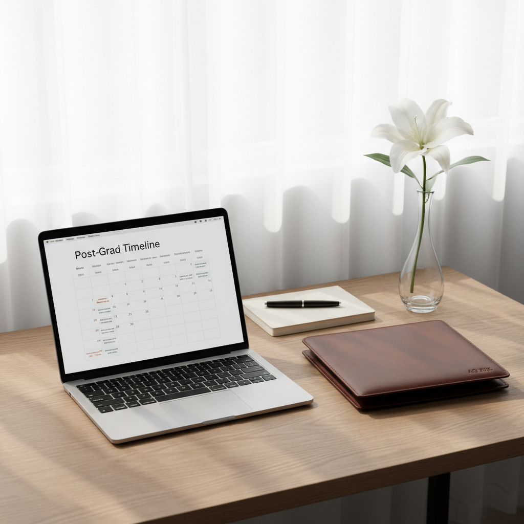A minimalist workstation features a slim laptop open to a calendar labeled “Post-Grad Timeline,” beside a structured leather portfolio embossed subtly with “AG 2026.” A small, elegant glass vase holds a single white lily, its petals pristine and slightly translucent, adding a note of calm. The desk surface is a light oak wood, impeccably organized with a single pen and a closed notebook aligned precisely. Soft, diffused daylight filters through a sheer curtain in the background, casting a gentle, even glow with faint shadows. Photographic realism, eye-level composition with balanced negative space, creating a professional, composed atmosphere that symbolizes Alyson’s thoughtful transition from graduation to her next professional phase.