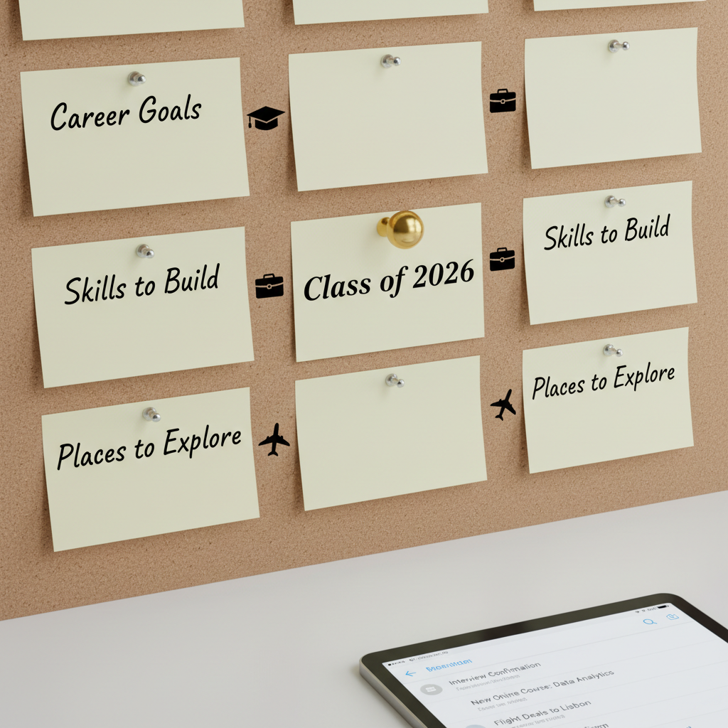 An organized vision board pinned to a neutral cork surface features neatly arranged note cards labeled “Career Goals,” “Skills to Build,” and “Places to Explore,” interspersed with small printed icons of a graduation cap, briefcase, and airplane. A metallic gold pushpin secures a central card labeled “Class of 2026.” A slim tablet displaying a professional email inbox sits partially in frame on a clean white desk below. Cool, even daylight from above creates soft, shadowless illumination, emphasizing clarity and focus. Photographic realism with a slightly elevated, top-down composition, moderate depth of field, and a clean, modern aesthetic that conveys strategic planning and a forward-looking mindset after graduation.