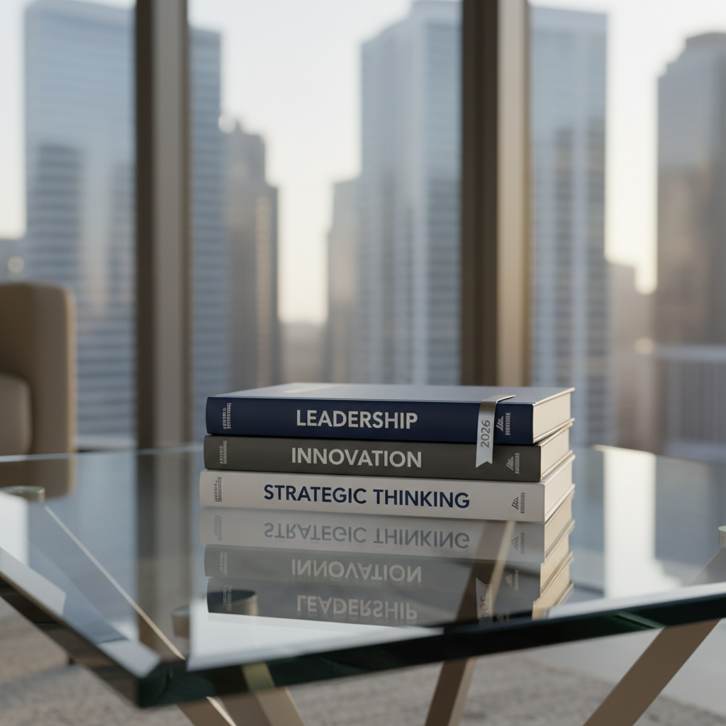 A sleek glass-topped coffee table holds a neatly stacked set of hardcover books titled with subjects like “Leadership,” “Innovation,” and “Strategic Thinking,” their spines in cohesive navy, gray, and white tones. On top, a subtle metallic bookmark etched with “2026” peeks out. In the background, blurred through large floor-to-ceiling windows, a contemporary city skyline hints at professional opportunities ahead. Early-morning natural light streams in, creating crisp reflections on the glass surface and delicate rim lighting along the book edges. Photographic realism, low-angle perspective with the books in sharp focus and the city softly out of focus, establishing a polished, aspirational mood about life after Alyson’s graduation.