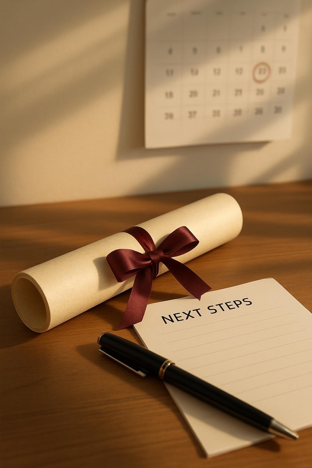 A pristine diploma tube wrapped in an elegant cream parchment texture lies on a smooth wooden desk, secured with a deep burgundy ribbon tied in a precise bow. Next to it, a sleek black fountain pen with a polished metal clip rests on a blank notepad titled “Next Steps.” In the softly blurred background, a minimalist wall calendar shows the date circled in red. Warm late-afternoon light from an unseen window casts elongated, refined shadows, creating a professional and optimistic atmosphere. Photographic realism with a slightly elevated angle and rule-of-thirds composition, sharp focus on the diploma and pen, representing Alyson’s Class of 2026 milestone and the planning of her next chapter.